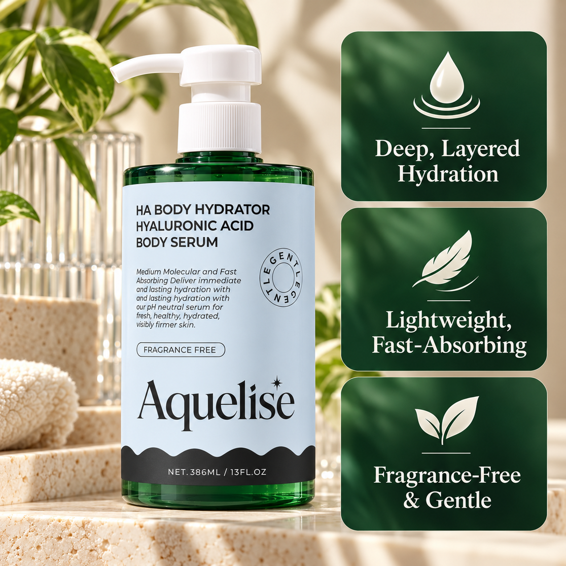 Aquelise HA Hydrating Body Serum pump bottle beside benefit tiles: deep layered hydration, lightweight feel, fragrance-free