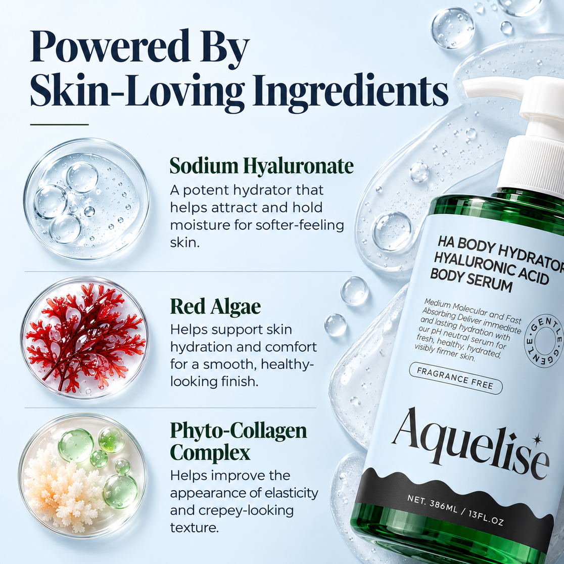 Powered by skin-loving ingredients: sodium hyaluronate, red algae and phyto-collagen complex beside the Aquelise bottle