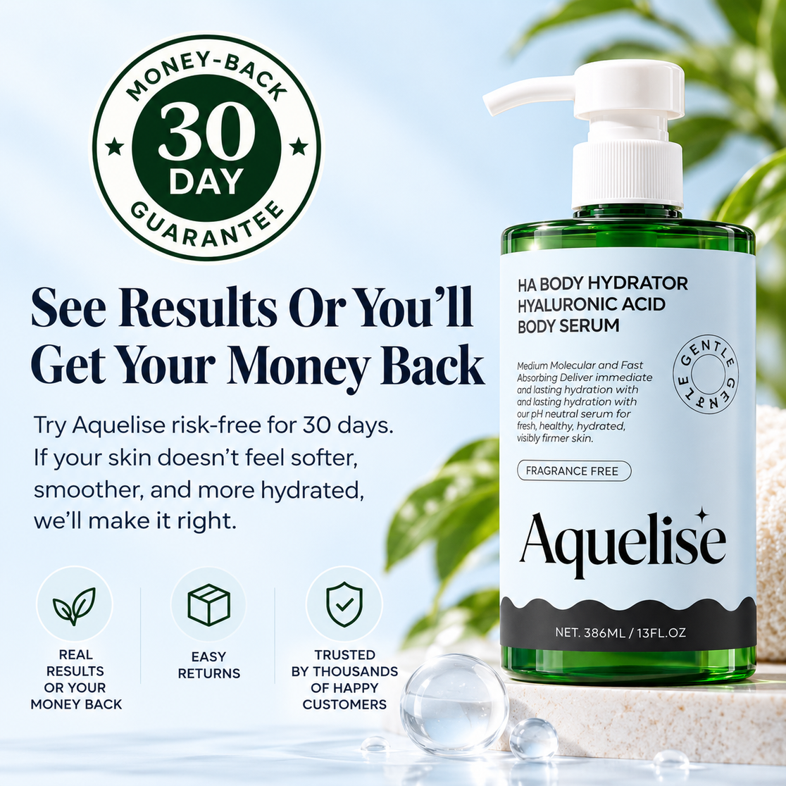 Aquelise body serum bottle with a 30-day money-back guarantee badge