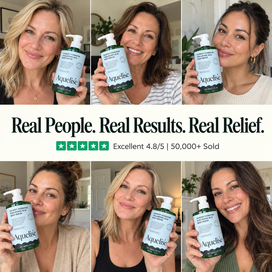Women holding bottles of Aquelise body serum