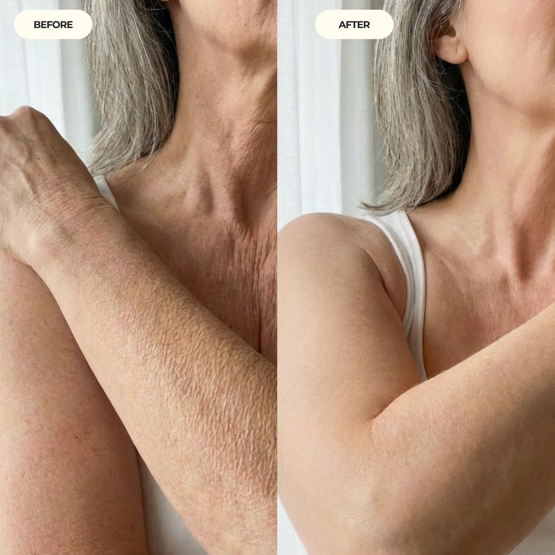 Before and after comparison of the skin on an upper arm