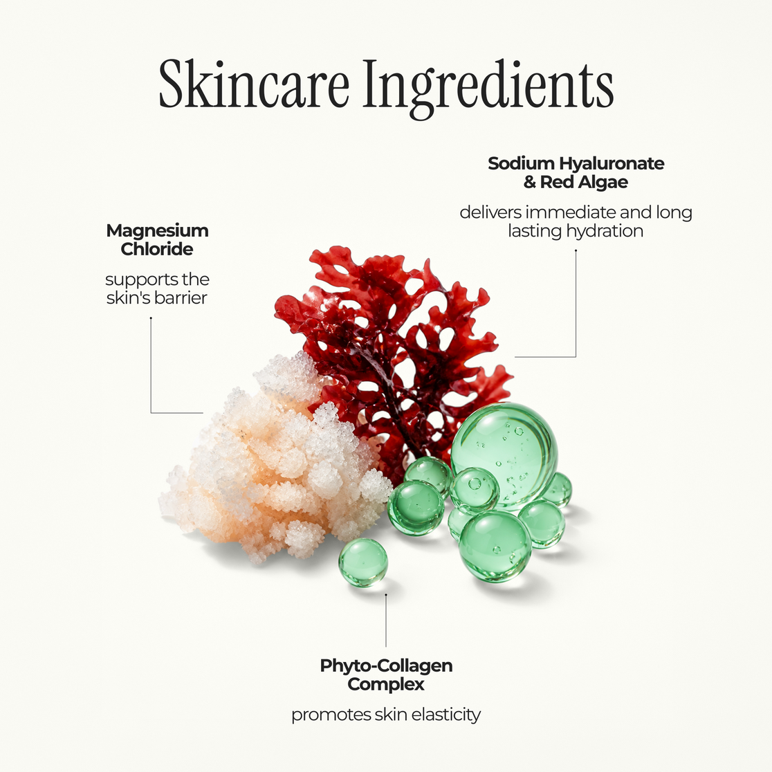 Skincare ingredients graphic with red algae, sodium hyaluronate and phyto-collagen complex