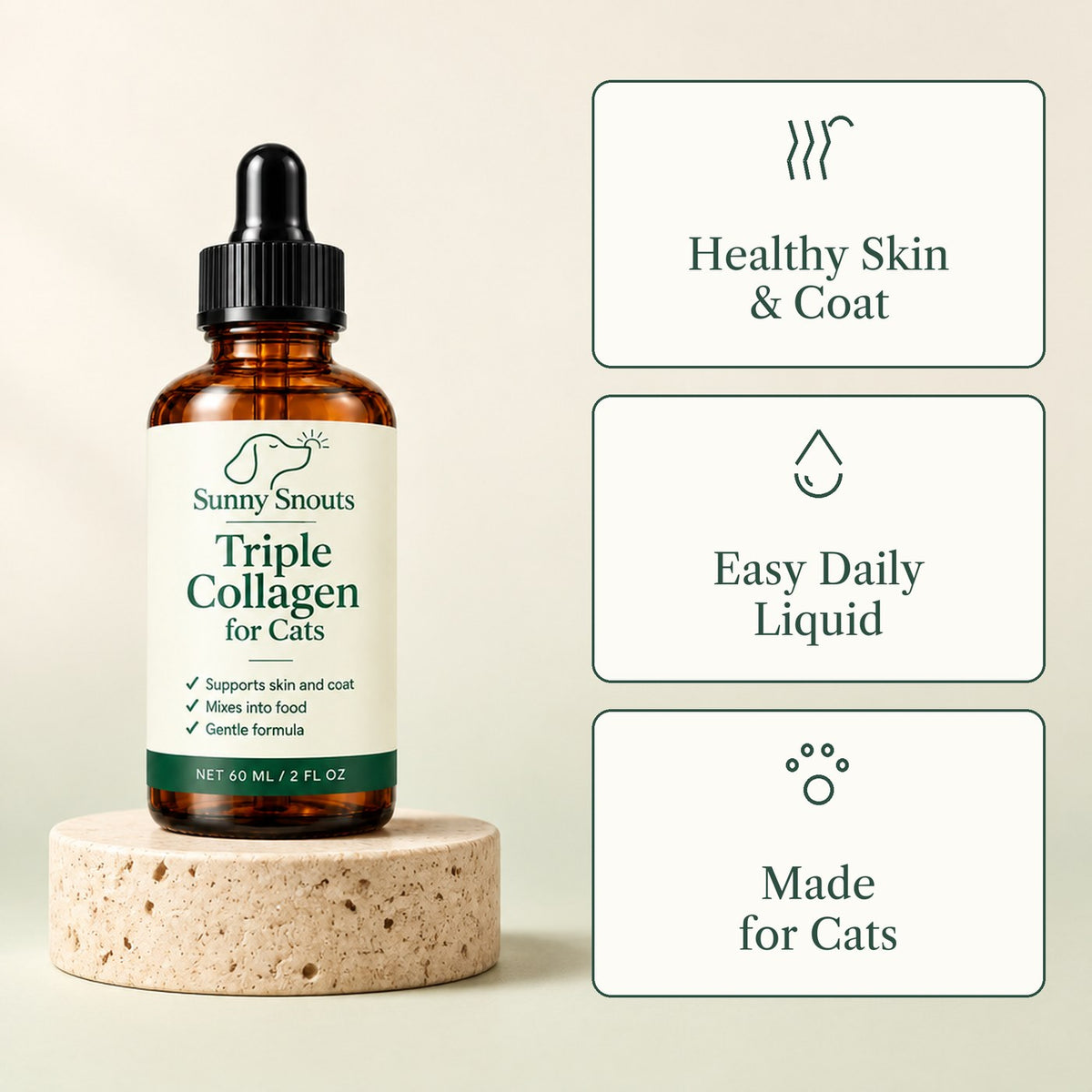 Sunny Snouts Triple Collagen for Cats: healthy skin & coat, easy daily liquid, made for cats