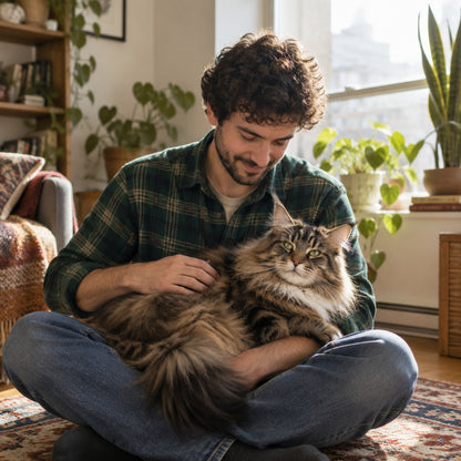 Man relaxing at home with his Maine Coon
