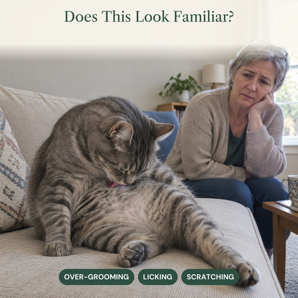 Does this look familiar? Over-grooming, licking, scratching