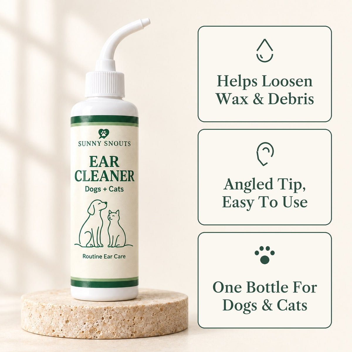 Sunny Snouts Ear Cleaner bottle with three key benefits