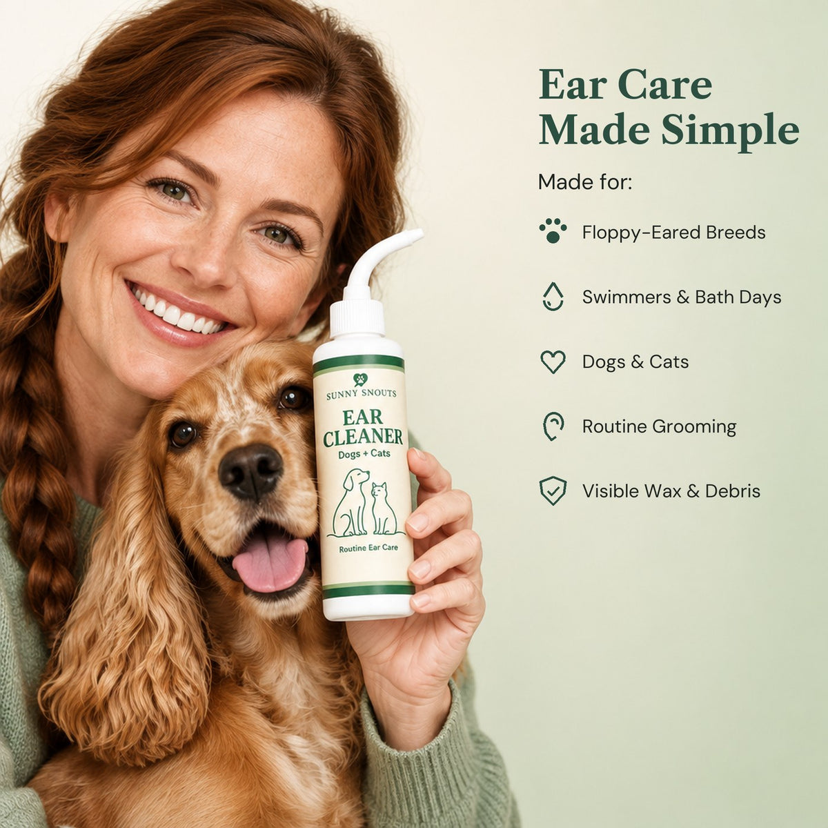 Owner holding Sunny Snouts Ear Cleaner with her cocker spaniel