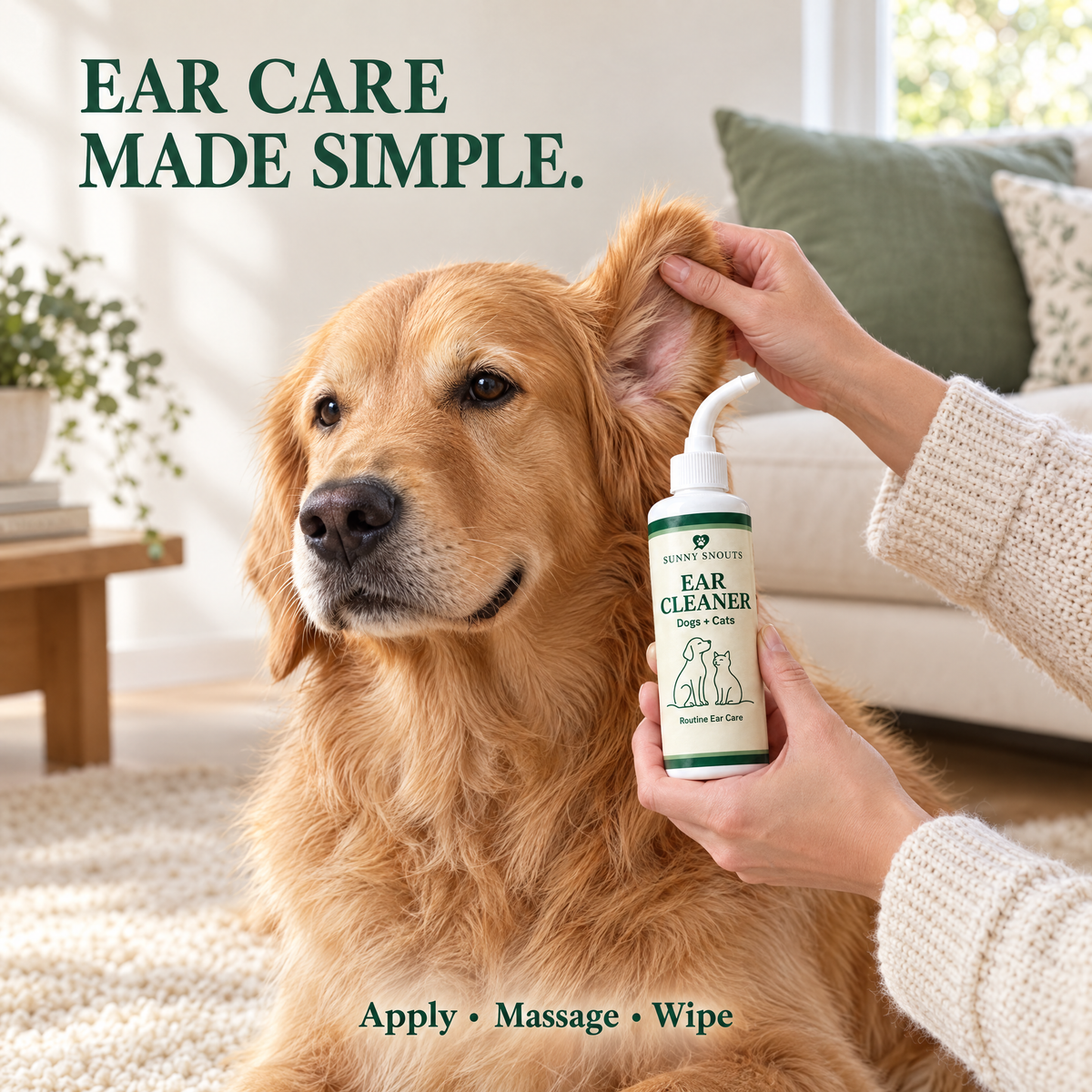 Ear care made simple — owner lifting a golden retriever's ear with Sunny Snouts Ear Cleaner in hand