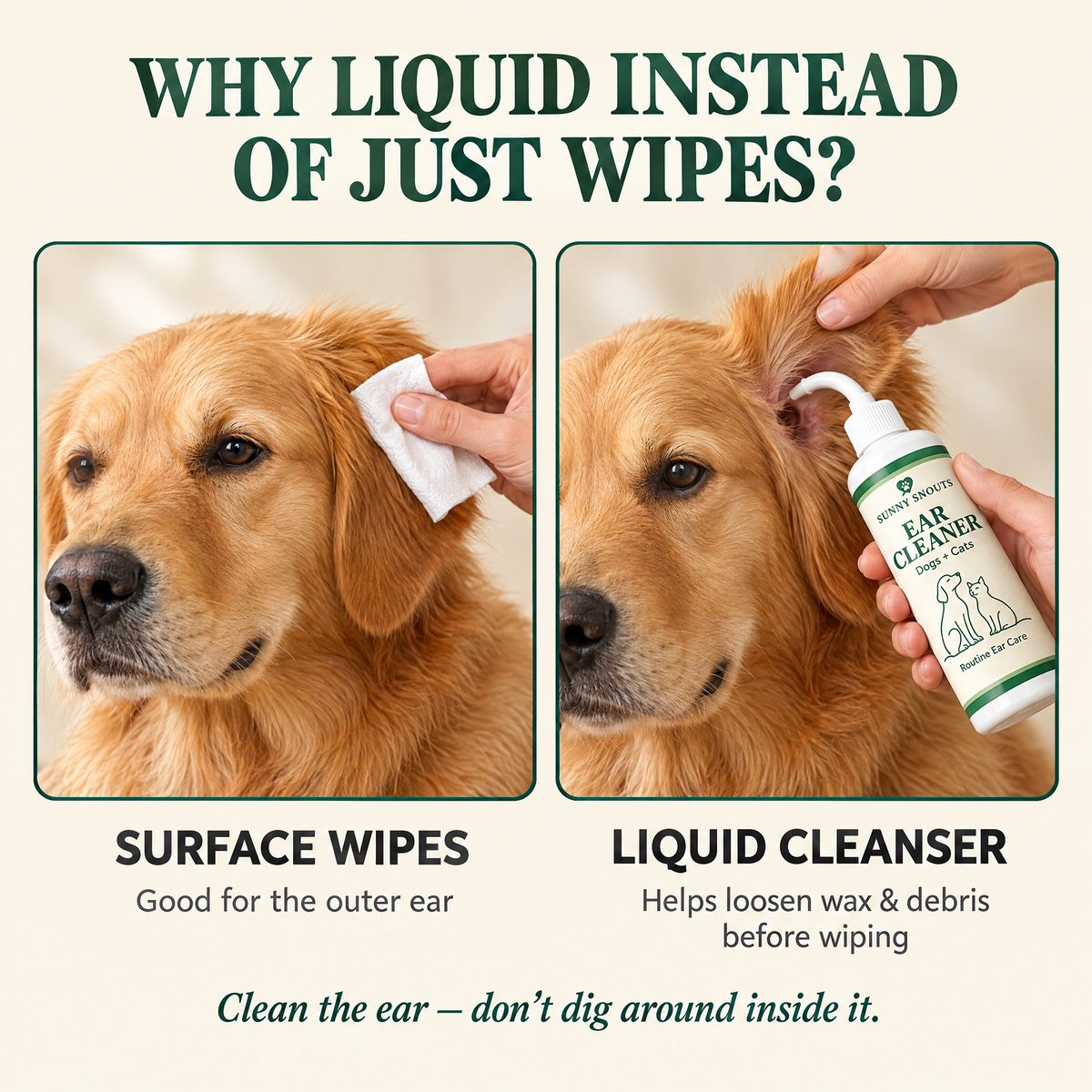 Why liquid instead of just wipes — surface wipes clean the outer ear, liquid cleanser helps loosen wax and debris