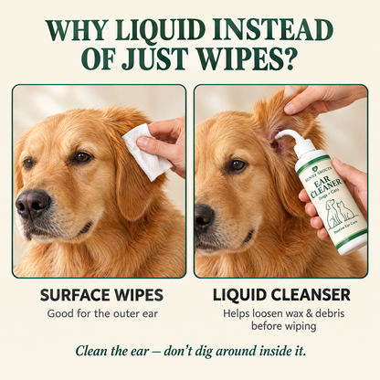 Why liquid instead of just wipes — surface wipes clean the outer ear, liquid cleanser helps loosen wax and debris