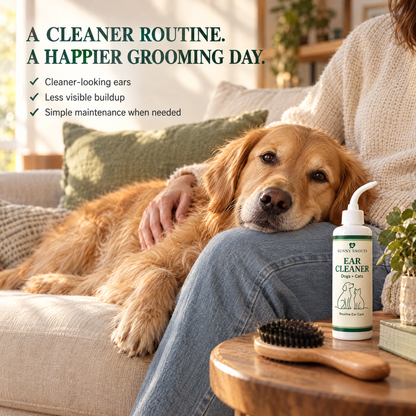 A relaxed golden retriever resting on its owner's lap after grooming