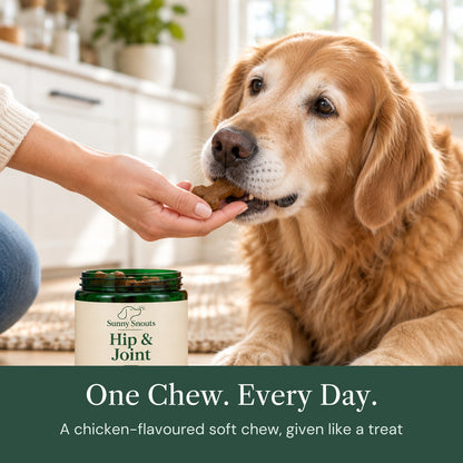 Owner giving a senior golden retriever a Hip & Joint soft chew