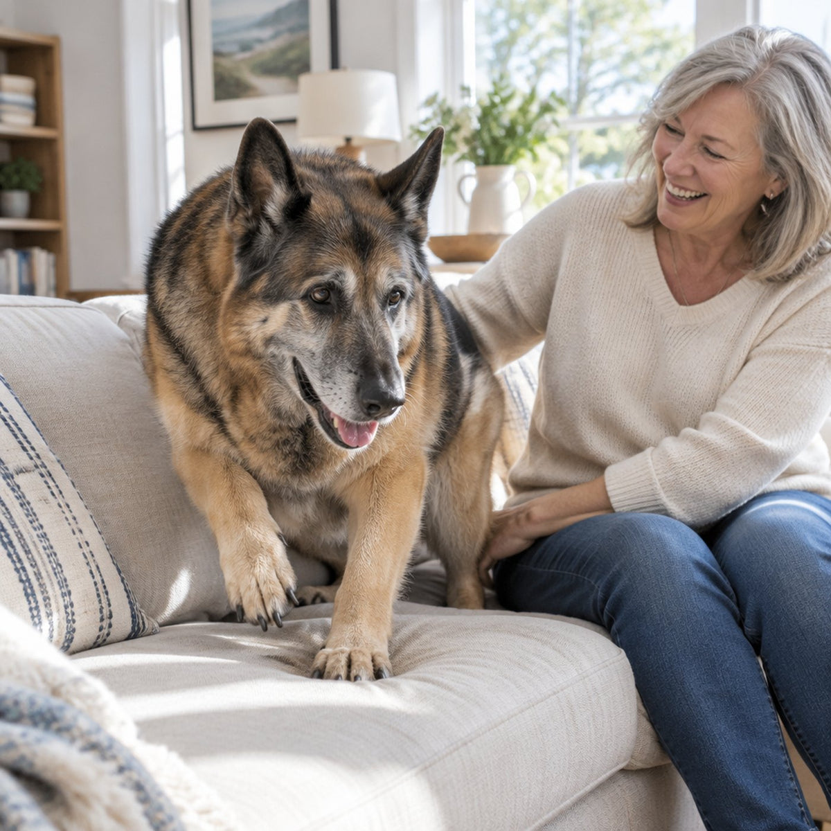 Senior german shepherd hopping onto the sofa