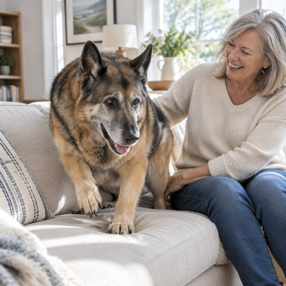 Senior german shepherd hopping onto the sofa