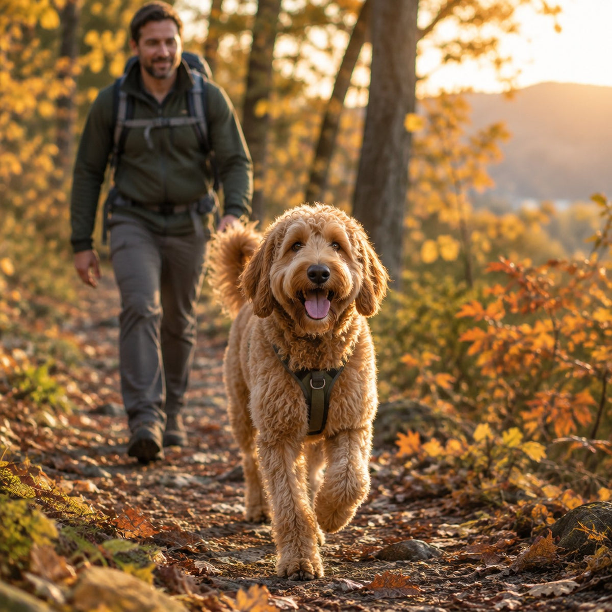 Older golden doodle on an autumn trail with its owner