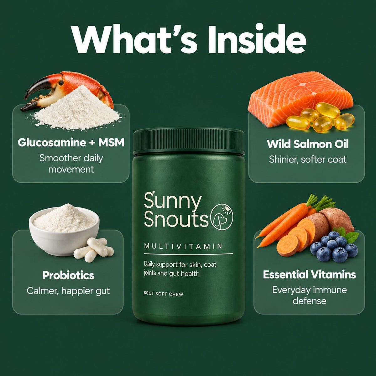 What's inside: glucosamine + MSM, wild salmon oil, probiotics, essential vitamins