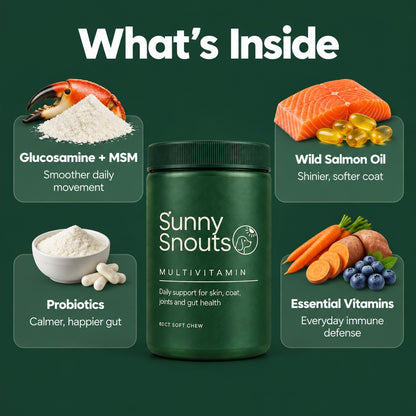 What's inside: glucosamine + MSM, wild salmon oil, probiotics, essential vitamins