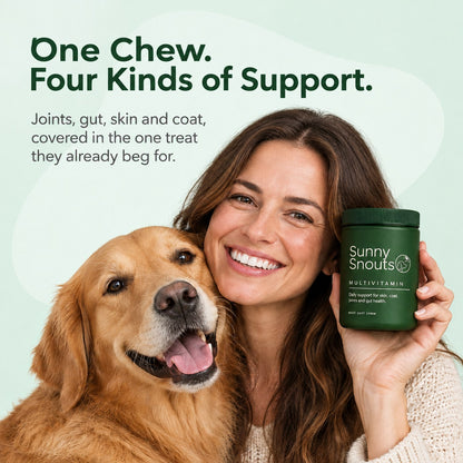 One chew, four kinds of support: woman holding the multivitamin jar with her golden retriever