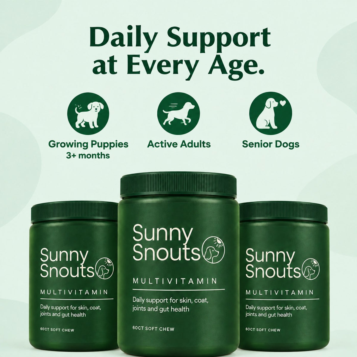 Daily support at every age: growing puppies 3+ months, active adults, senior dogs
