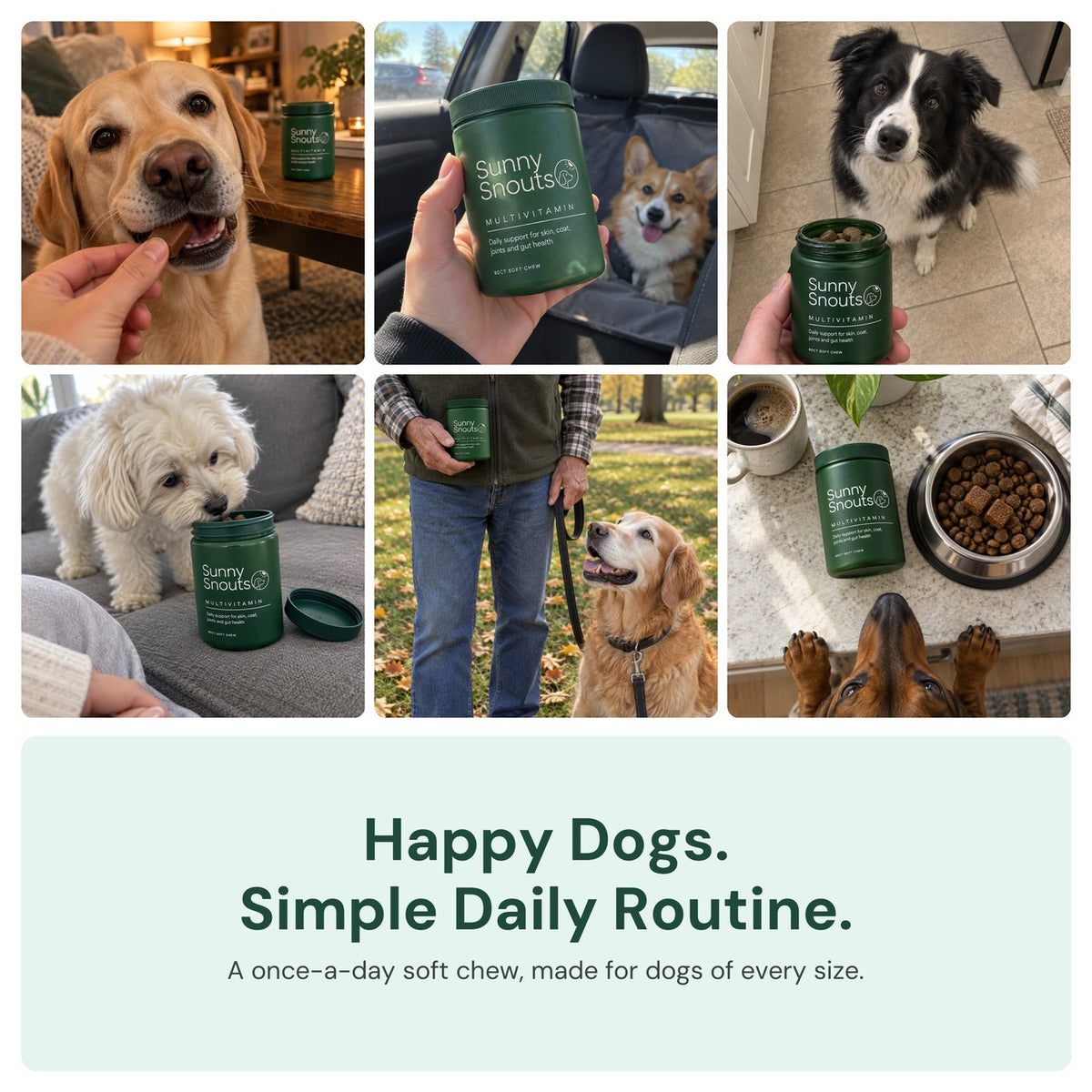 Happy dogs, simple daily routine: everyday photos of dogs with the Sunny Snouts Daily Multivitamin