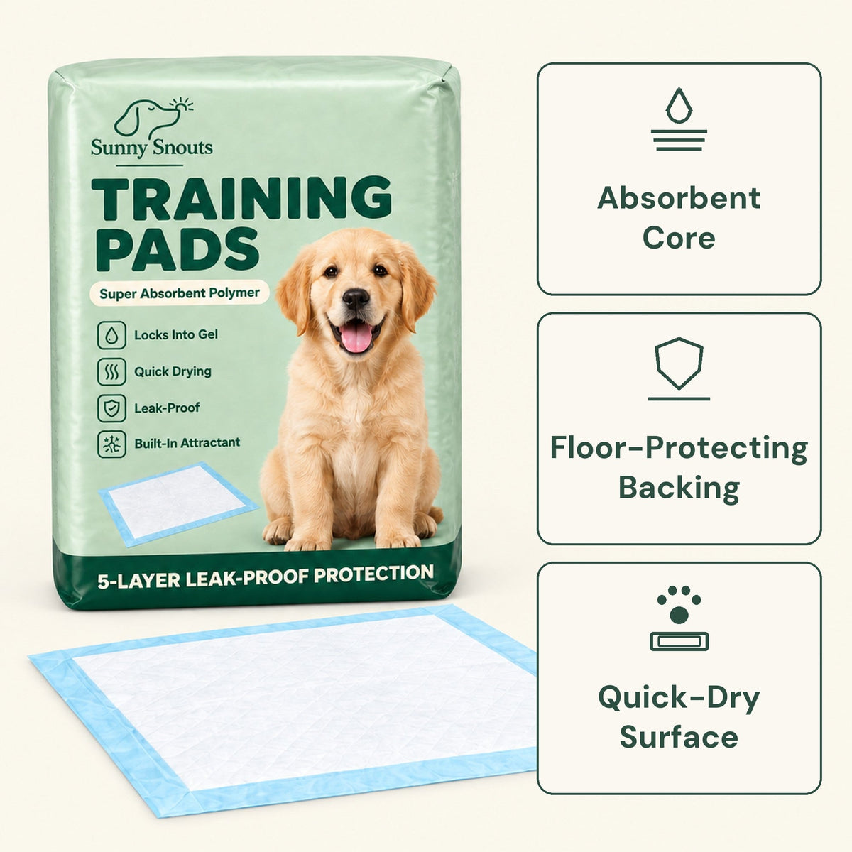 Sunny Snouts Dog & Puppy Pee Pads pack with an unfolded pad: absorbent core, floor-protecting backing, quick-dry surface