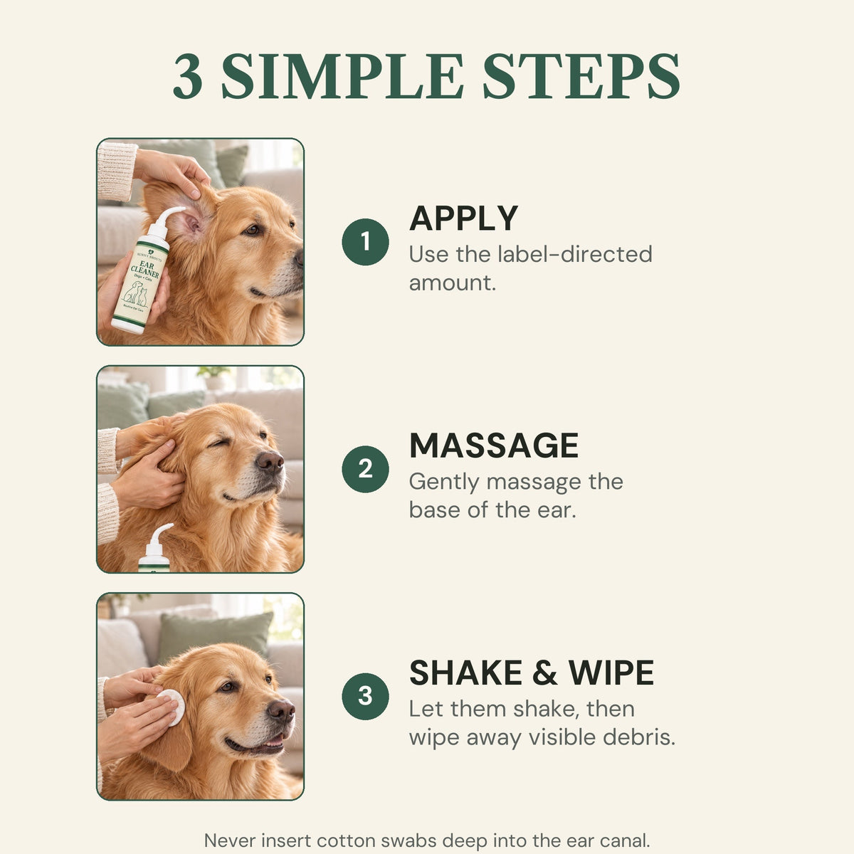3 simple steps: apply, massage, shake and wipe